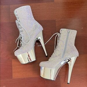 Stripper Dance Heels Silver Glitter Platform Ankle Boots Size 9